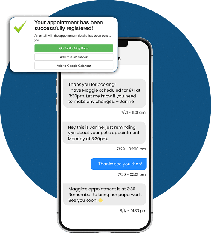 Pet Care SMS campaign post-appointment booking. A series of message confirming and reminding the patient of their upcoming appointment.