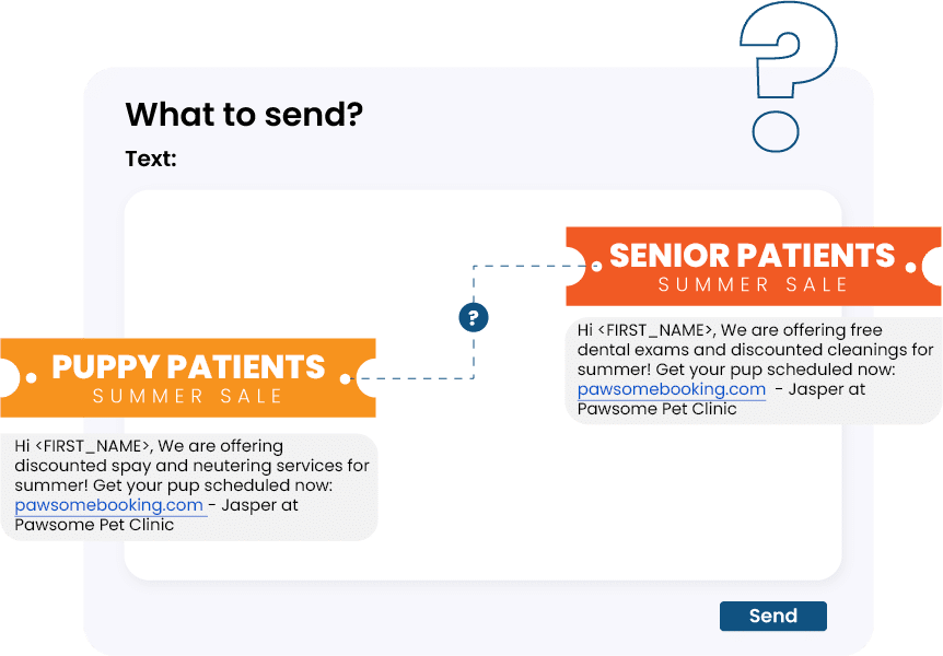 SMS marketing segments for pet care. The image shows two tags each with a different special offer. One tag is called Puppy Patients and the message is about discounted spay and neutering services. the other tag is called senior patients and the message is about discounted teeth cleaning services.