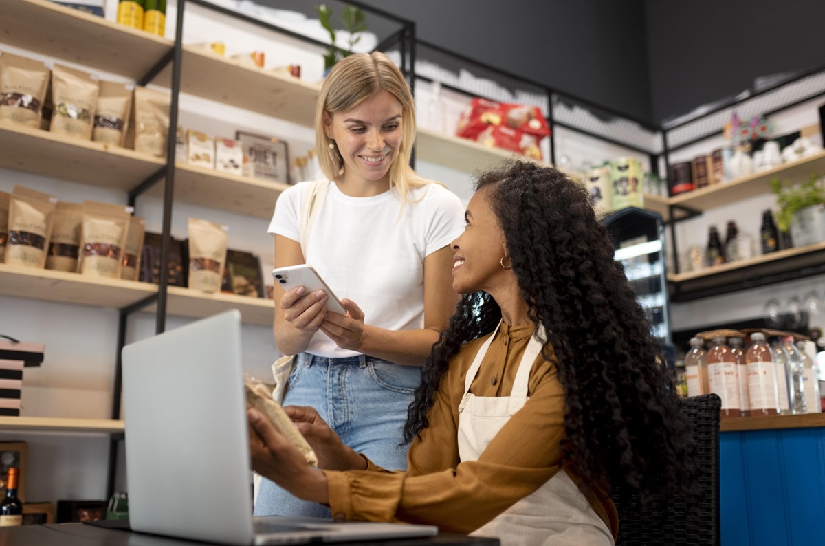 Small business owners discussing marketing tactics