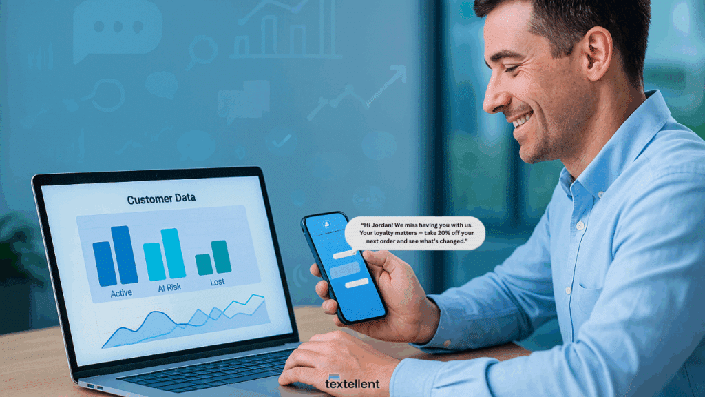 man reading a text message and customer data opened on a laptop